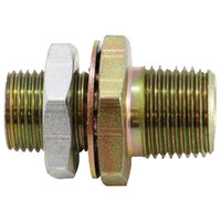 1/4-18 NPTF FIP X MIP STEEL BULKHEAD FITTING 3/4-16 UNS MALE STRAIGHT 1/2-14 NPTF HOLE 1 11/16 LONG
